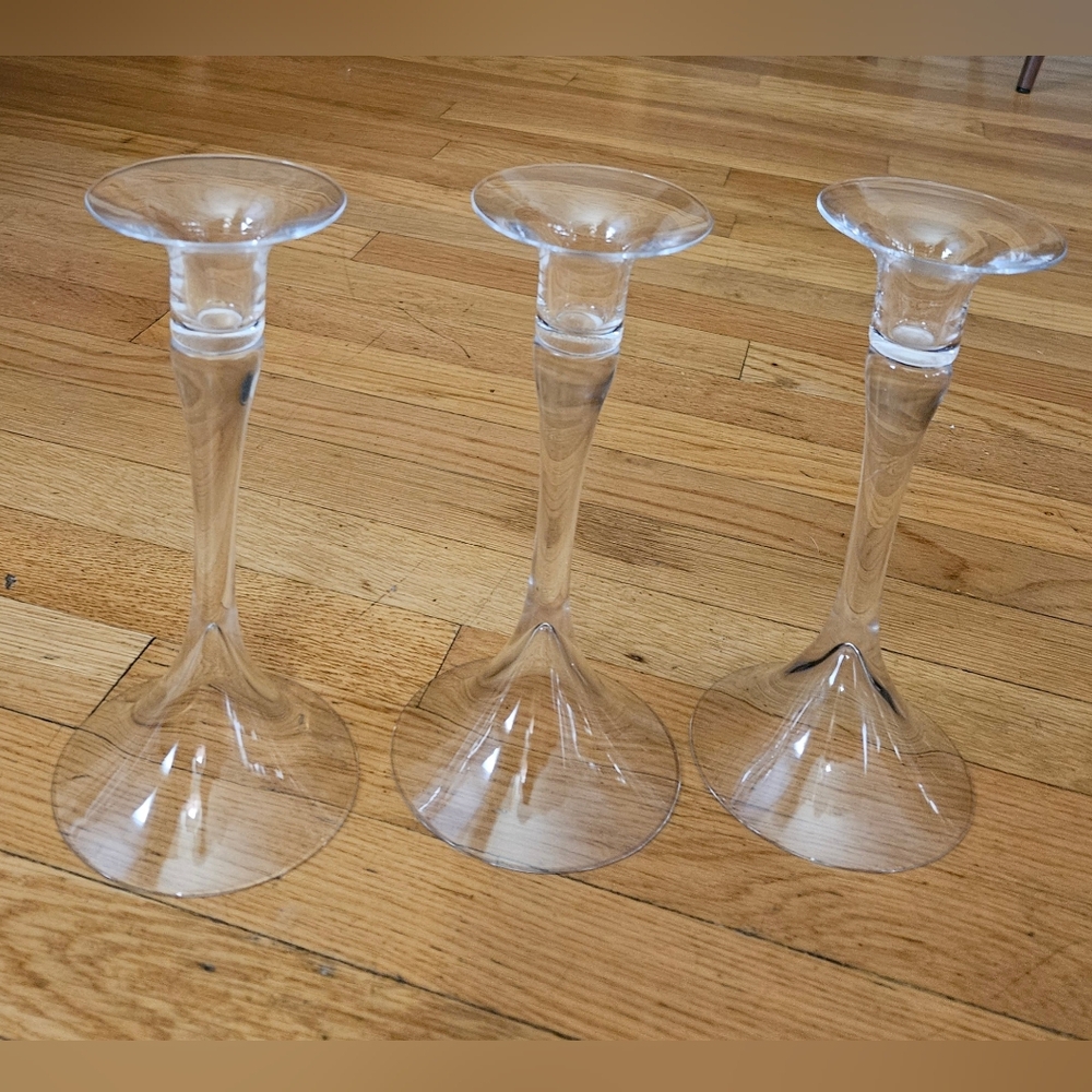 NWOT Trio of Elegant Handmade Mouth Blown 9” Clear Glass Candle Holders Set of 3